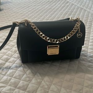 Michael Kors Lita Medium Black Leather Gold Chain Crossbody Satchel